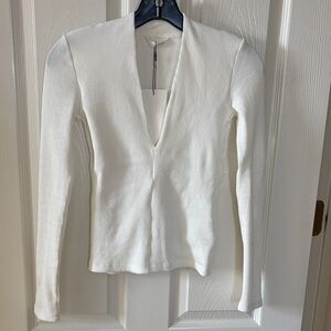 Zara Off-White Ribbed Deep V Long Sleeve Top